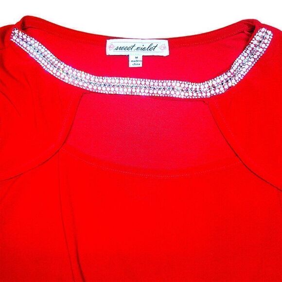 Festive red sheer sleeves crystal collar top - Picture 8 of 9